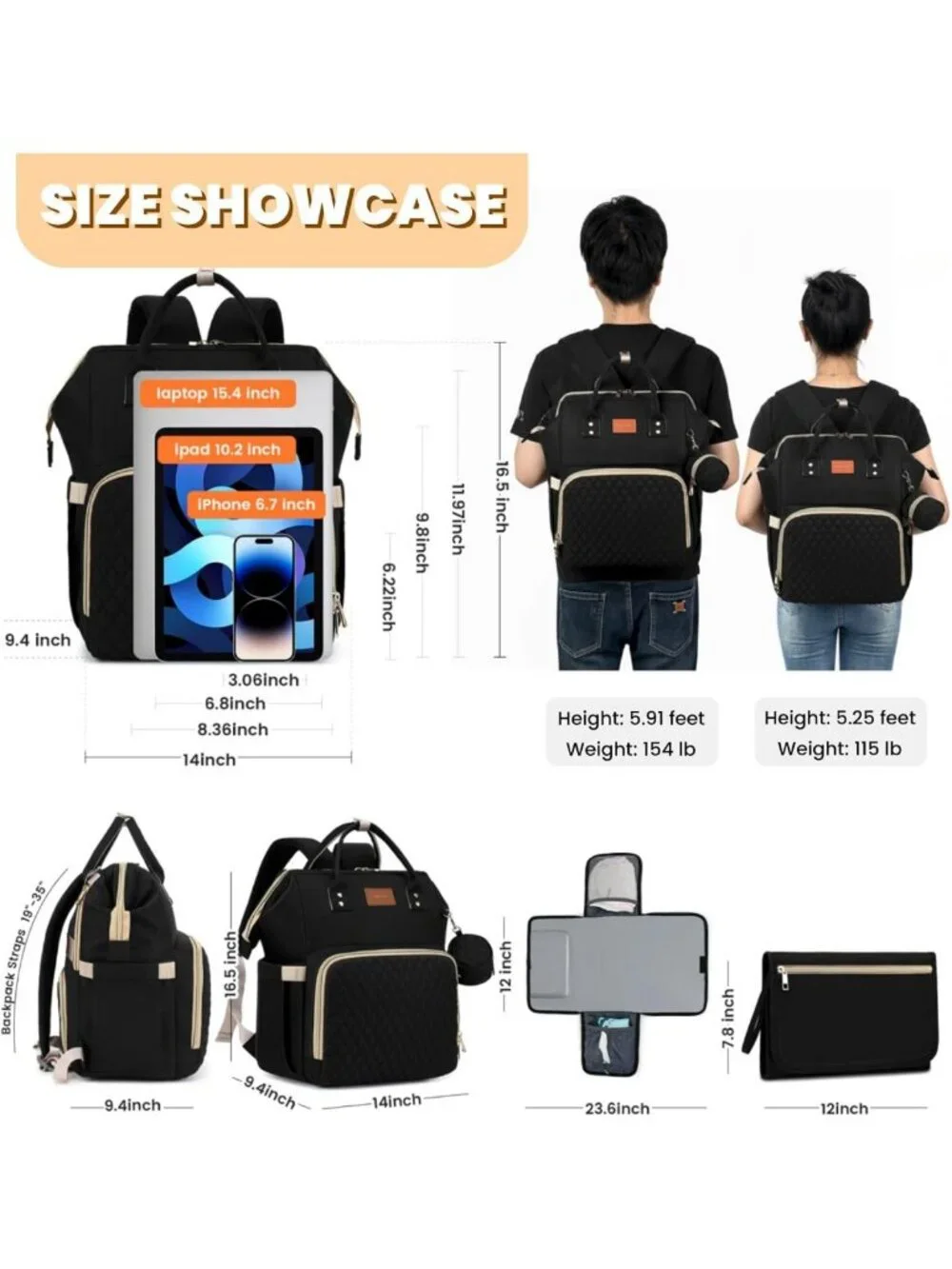Stylish Waterproof Diaper Bag Backpack with Changing Pad & Pacifier Case - Large